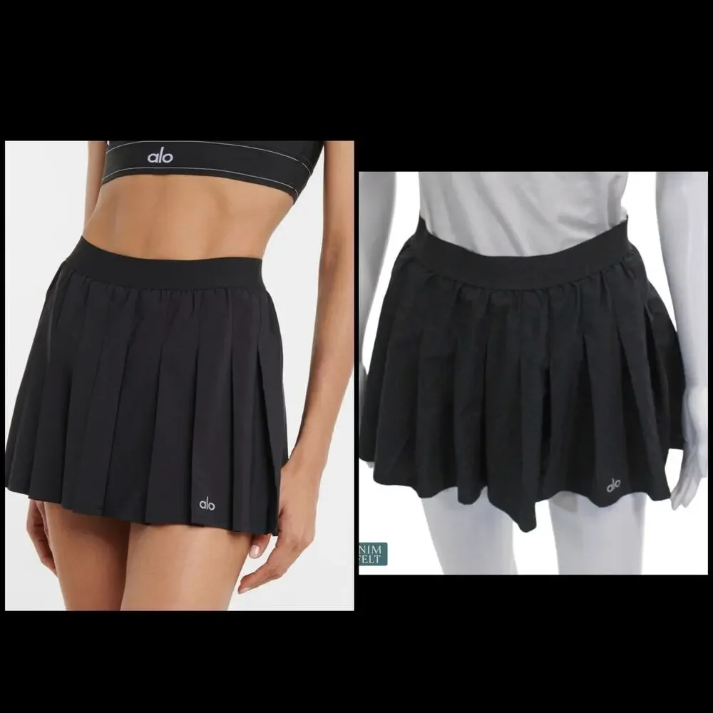 Alo Yoga Varsity Tennis Skirt Small Black Pleated Athletic Preppy Sporty Active